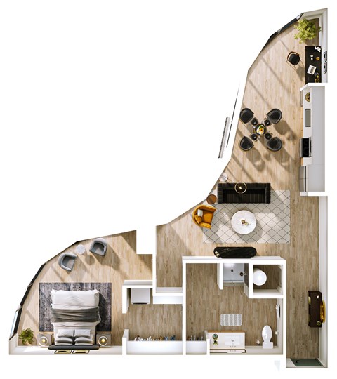 Floor plan for 1 bed, 1 bath, 911 sqft